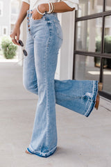 Sky Blue High Waist Buttoned Distressed Flared Jeans Jeans JT's Designer Fashion