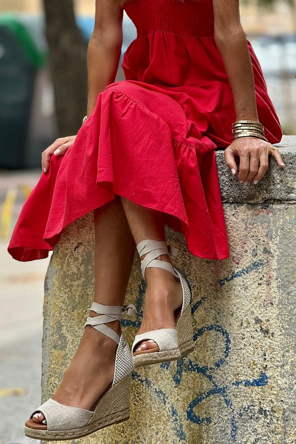 Fiery Red V Neck Flutter Sleeve Smocked Bodice High Waist Ruffle Long Dress Maxi Dresses JT's Designer Fashion