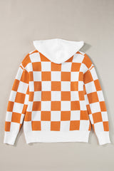 Gold Flame Checkered Split Neck Contrast Kangaroo Pocket Hooded Sweater Sweaters JT's Designer Fashion