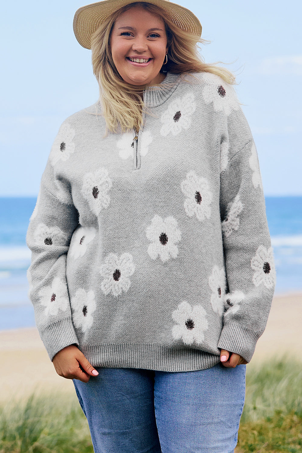 Gray Plus Size Embroidered Floral Pattern Half Zip Sweater Gray 42%Acrylic+30%Polyester+28%Polyamide Plus Size Sweaters & Cardigans JT's Designer Fashion