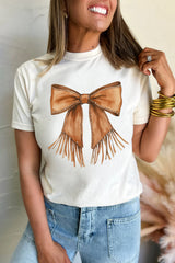 White Tassel Bowknot Print Round Neck Western Fashion T Shirt Graphic Tees JT's Designer Fashion