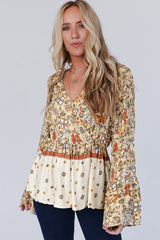Yellow Printed Floral Bell Sleeve V Neck Wrapped Contrast Peplum Blouse Blouses & Shirts JT's Designer Fashion