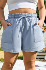 Beau Blue Pocketed Drawstring High Waist Plus Size Denim Shorts Plus Size Bottoms JT's Designer Fashion