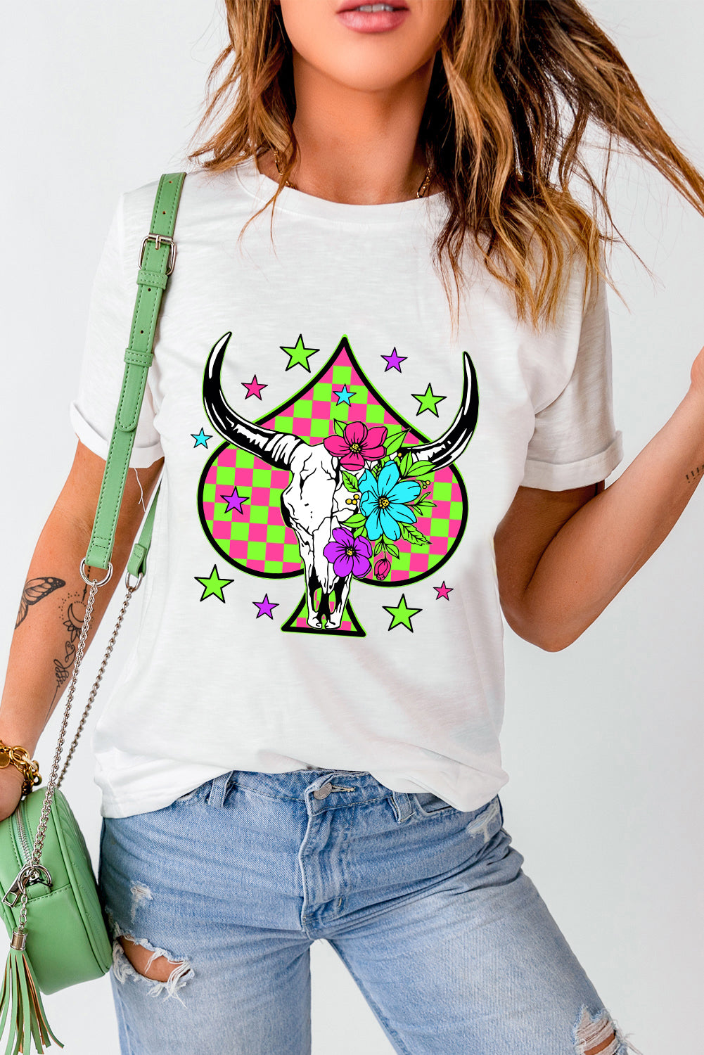 White Checkered Steer Head Spade Print Crew Neck T Shirt Graphic Tees JT's Designer Fashion