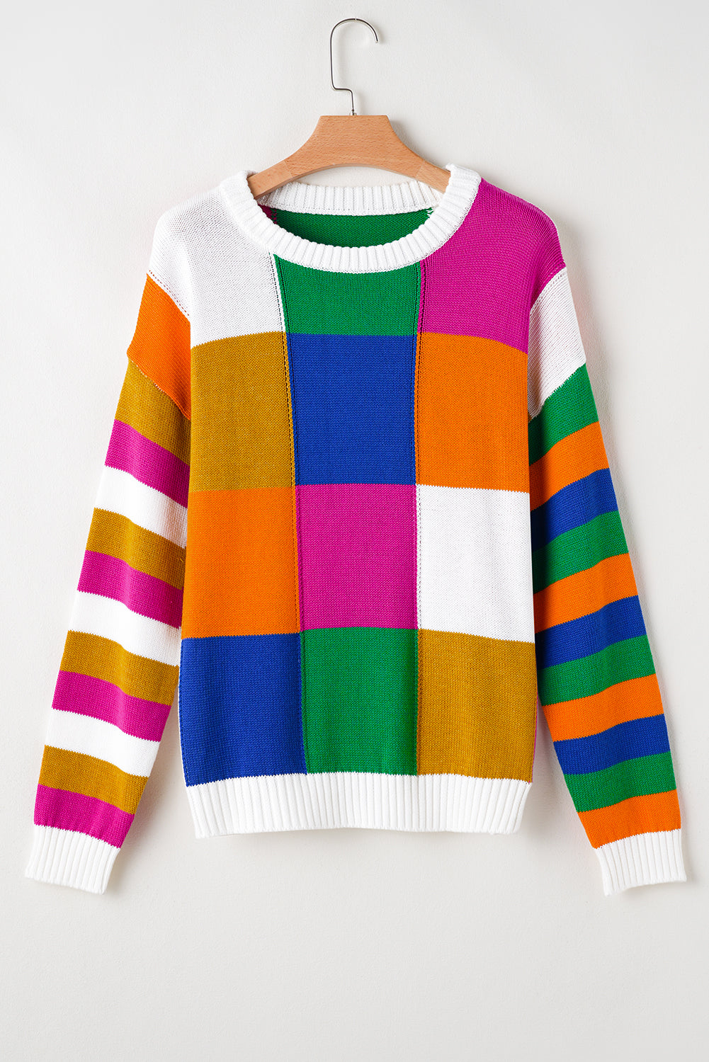 Orange Checkered Color Block Round Neck Loose Sweater Sweaters JT's Designer Fashion