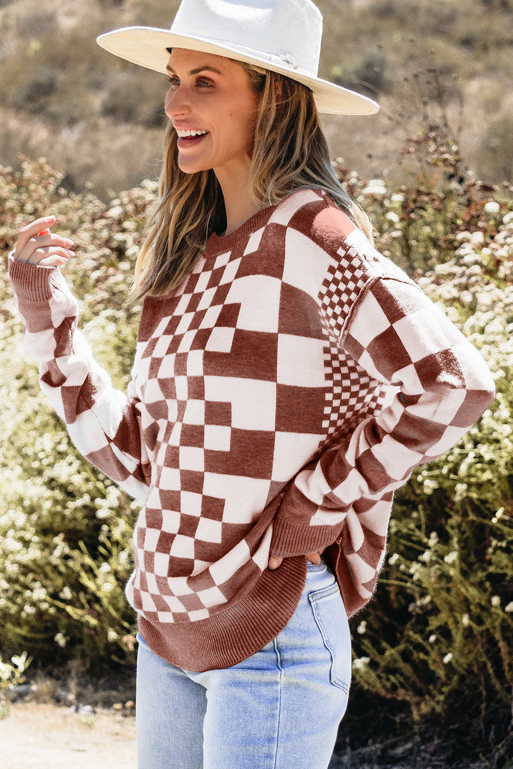 Brown Checkered Print Drop Shoulder Round Neck Sweater Sweaters JT's Designer Fashion