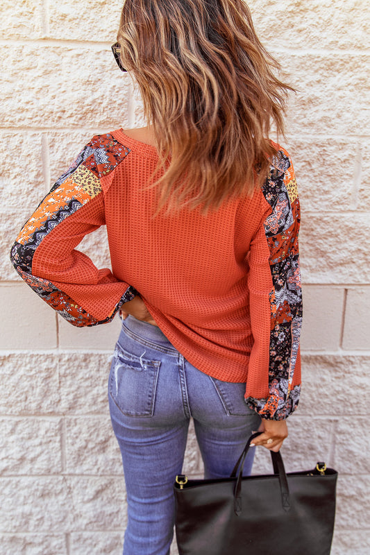 Orange Contrast Eyelet Thermal Knit Top Long Sleeve Tops JT's Designer Fashion