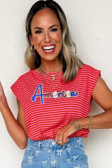 Red Stripe Sequin America Letter Patched Cap Sleeve Top Graphic Tees JT's Designer Fashion