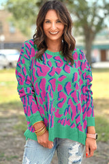 Green Abstract Print Ribbed Trim Baggy Sweater Sweaters JT's Designer Fashion