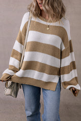 Light French Beige Colorblock Striped Drop Shoulder Side Slit Sweater Sweaters JT's Designer Fashion