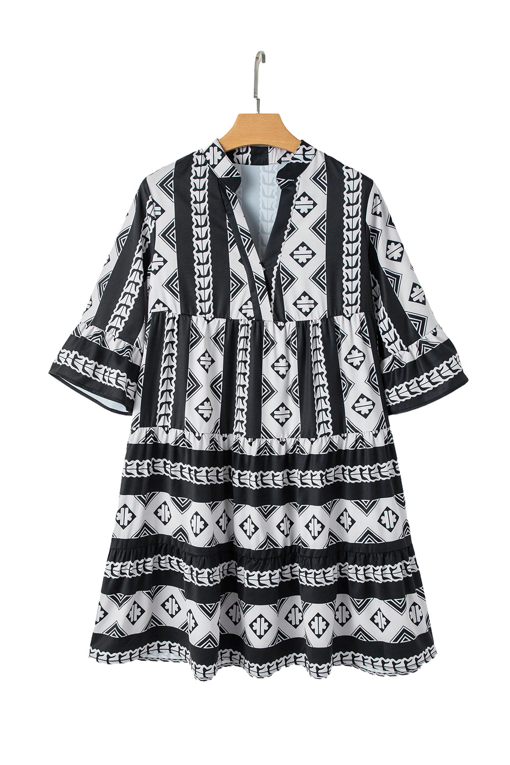 Black Geometric Print V Neck Ruffled Dress Mini Dresses JT's Designer Fashion