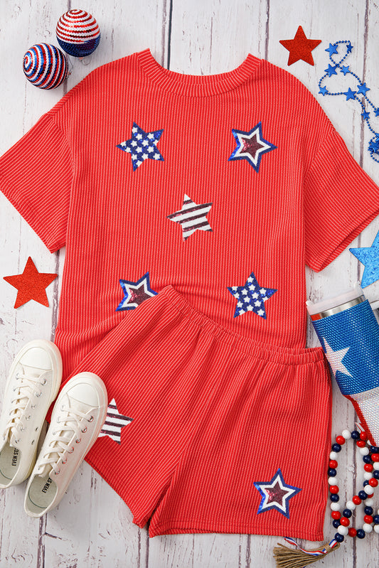 Orange Sequin USA Flag Star Graphic Corded T Shirt and Shorts Set Graphic Sets JT's Designer Fashion
