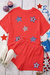 Orange Sequin USA Flag Star Graphic Corded T Shirt and Shorts Set Graphic Sets JT's Designer Fashion