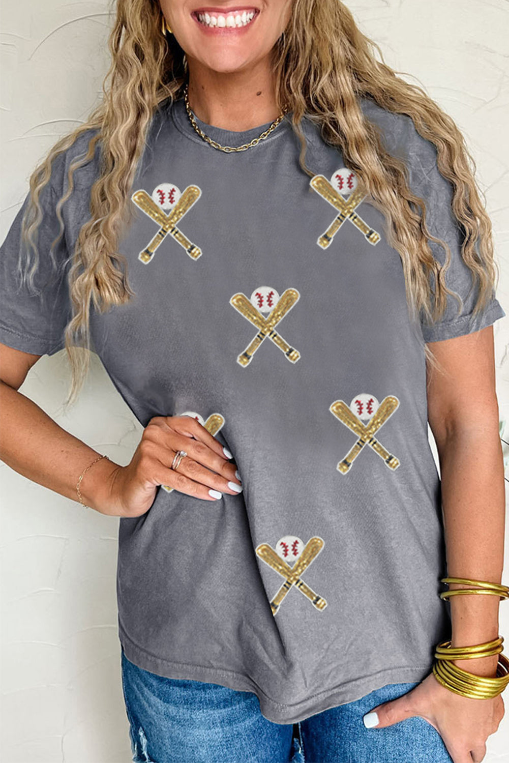Gray Sequined Game Day Casual Tee Graphic Tees JT's Designer Fashion