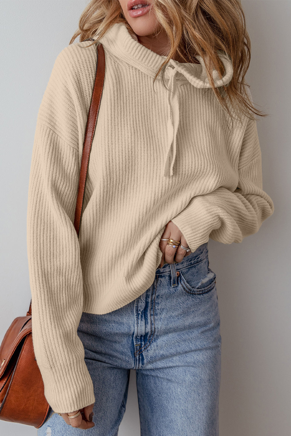 Beige Solid Color Drawstring Hooded Drop Shoulder Pullover Sweater Sweaters JT's Designer Fashion