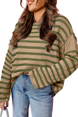 Khaki Stripe Drop Shoulder Casual Sweater Sweaters JT's Designer Fashion