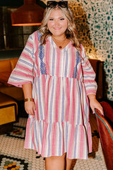 White Stripe Plus Size Embroidered Detail Flared 3/4 Sleeve V Neck Dress Plus Size Mini Dresses JT's Designer Fashion