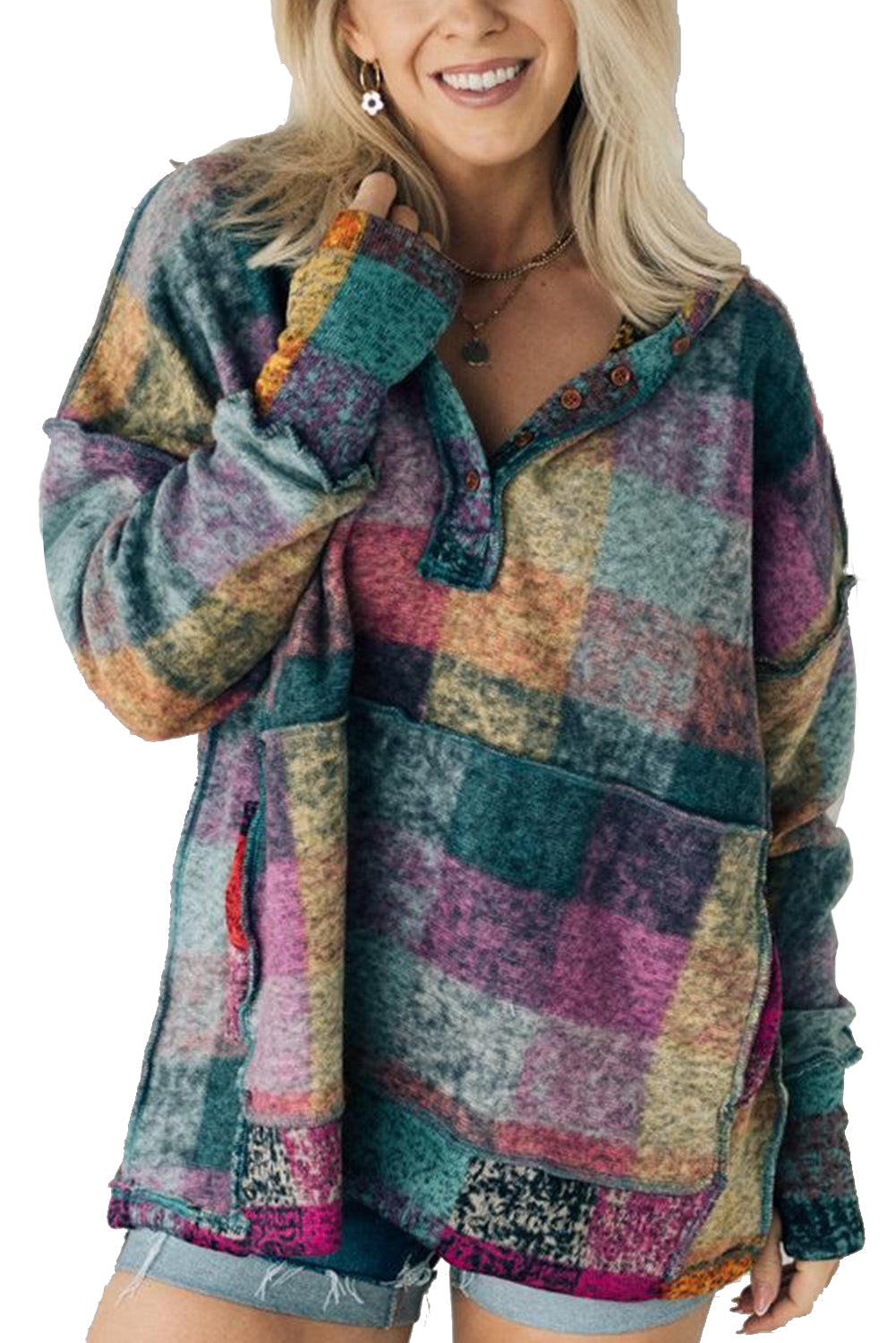 Multicolor Brushed Plaid Buttoned Pullover Oversized Hoodie Sweatshirts & Hoodies JT's Designer Fashion