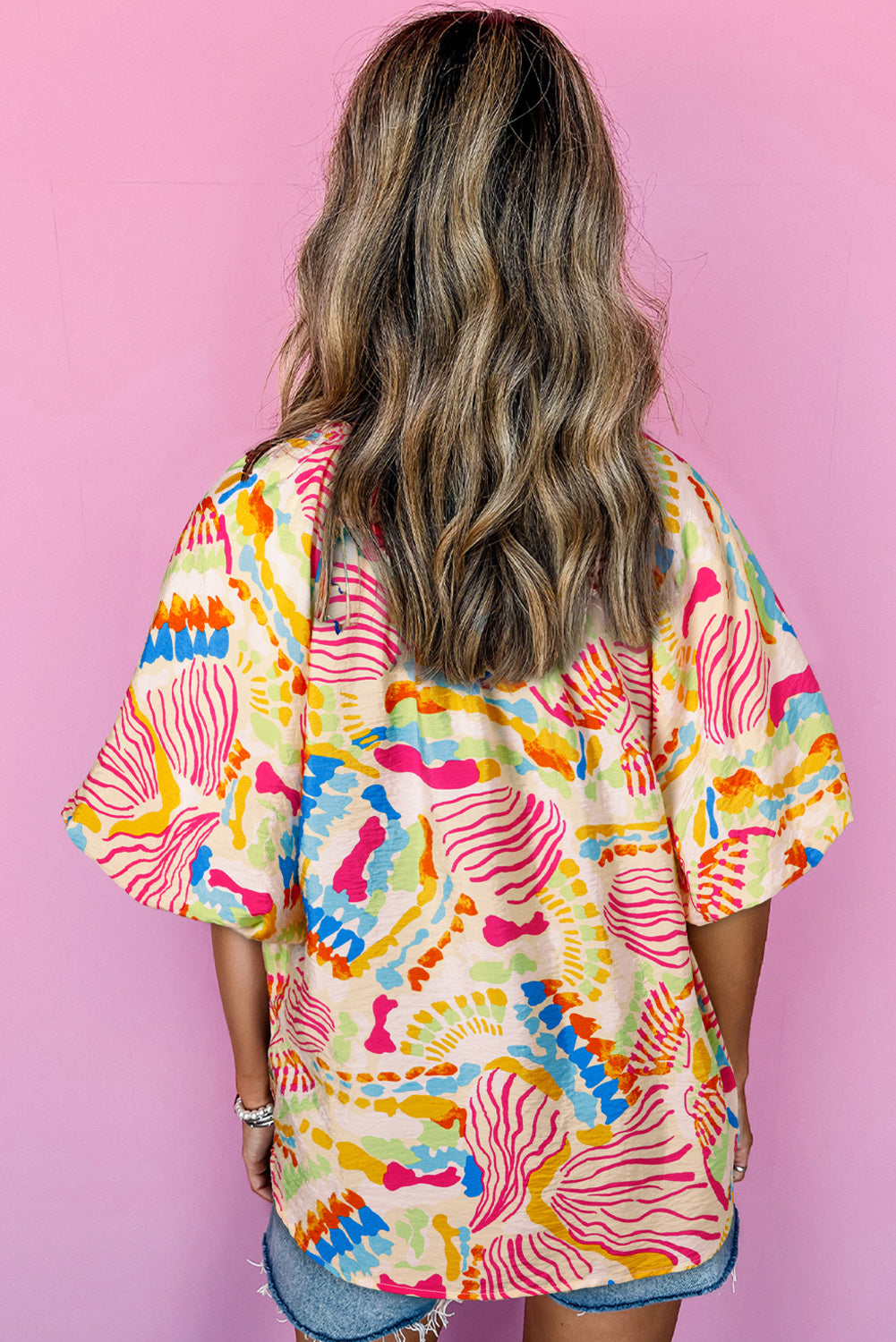 Orange Abstract Printed Shirred Bubble Half Sleeve V Neck Blouse Blouses & Shirts JT's Designer Fashion
