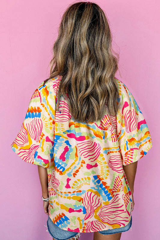 Orange Abstract Printed Shirred Bubble Half Sleeve V Neck Blouse Blouses & Shirts JT's Designer Fashion