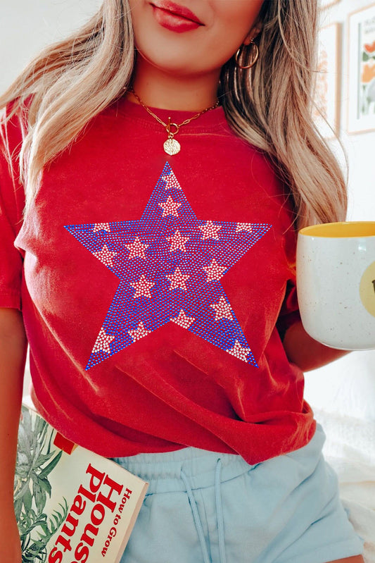 Red Rhinestone Star Pattern Independent Day T Shirt Graphic Tees JT's Designer Fashion