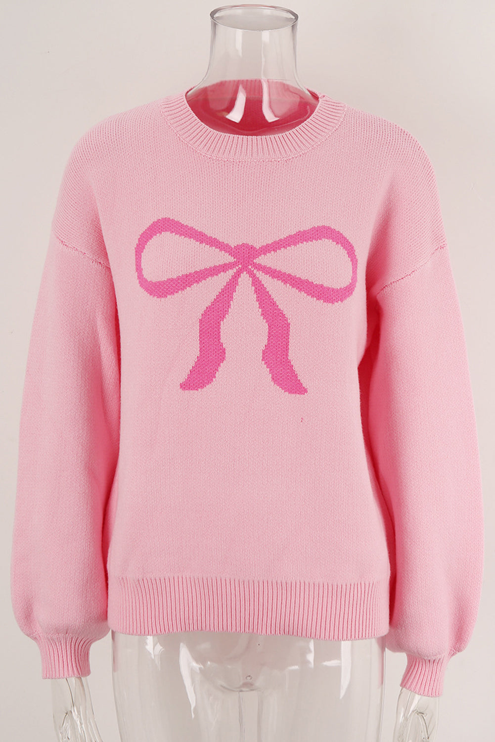 Pink Bow Graphic Drop Shoulder Round Neck Sweater Sweaters JT's Designer Fashion
