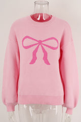Pink Bow Graphic Drop Shoulder Round Neck Sweater Sweaters JT's Designer Fashion