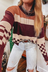 Brown Checkered Color Block Knitted Drop Shoulder Sweater Sweaters JT's Designer Fashion