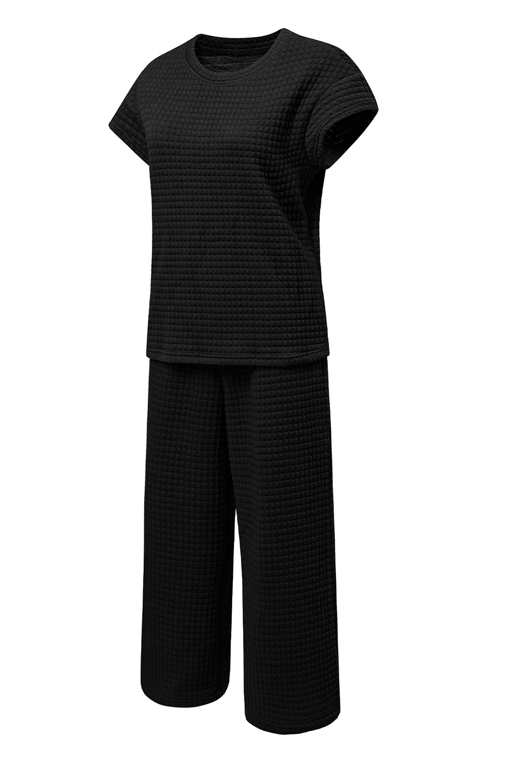 Black Solid Color Textured Short Sleeve Top and Casual Pants Set Pant Sets JT's Designer Fashion