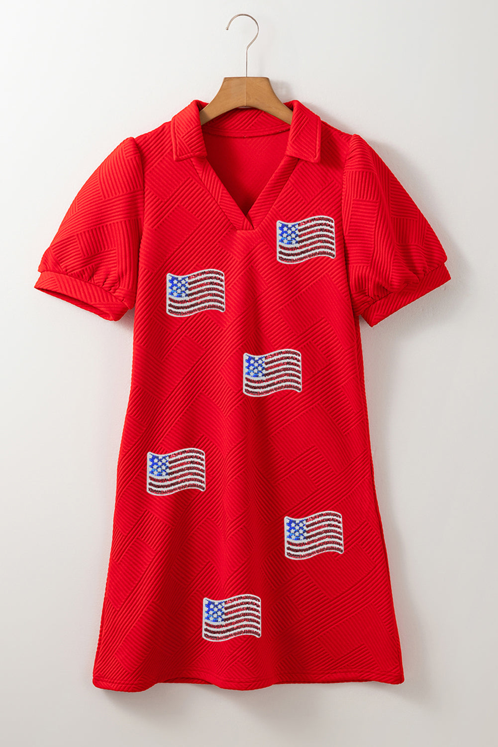 Fiery Red Sequin American Flag Patched Polo Collar Textured T Shirt Dress Graphic Dresses JT's Designer Fashion