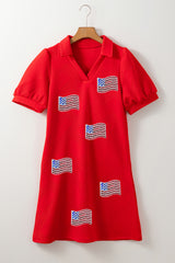 Fiery Red Sequin American Flag Patched Polo Collar Textured T Shirt Dress Graphic Dresses JT's Designer Fashion