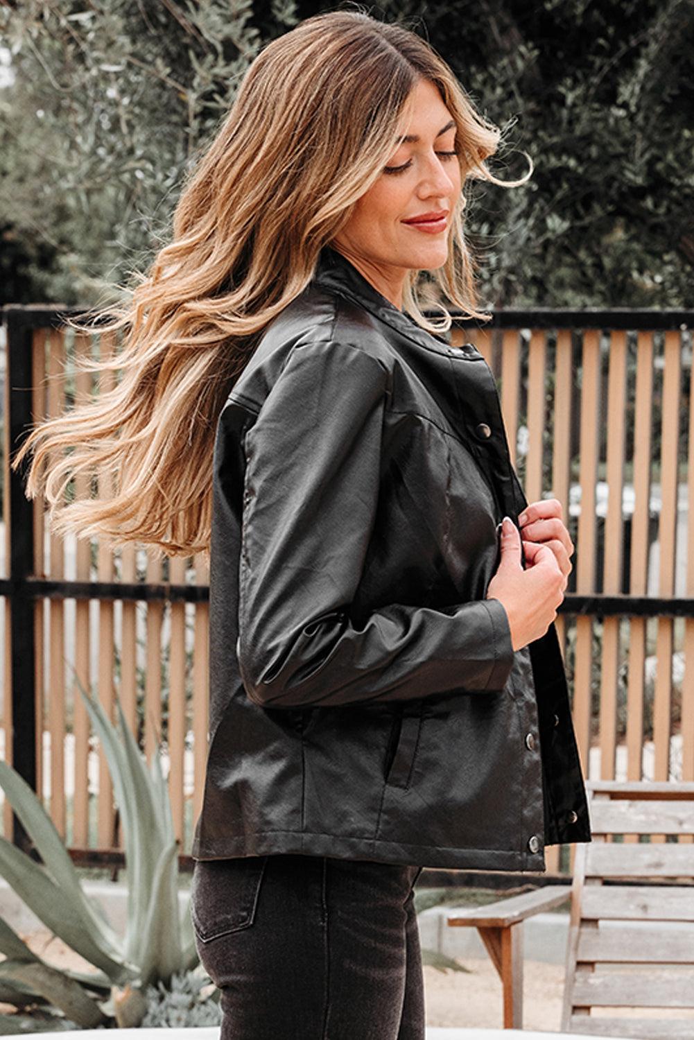 Black Faux Leather Buttoned Front Boxy Jacket Jackets JT's Designer Fashion