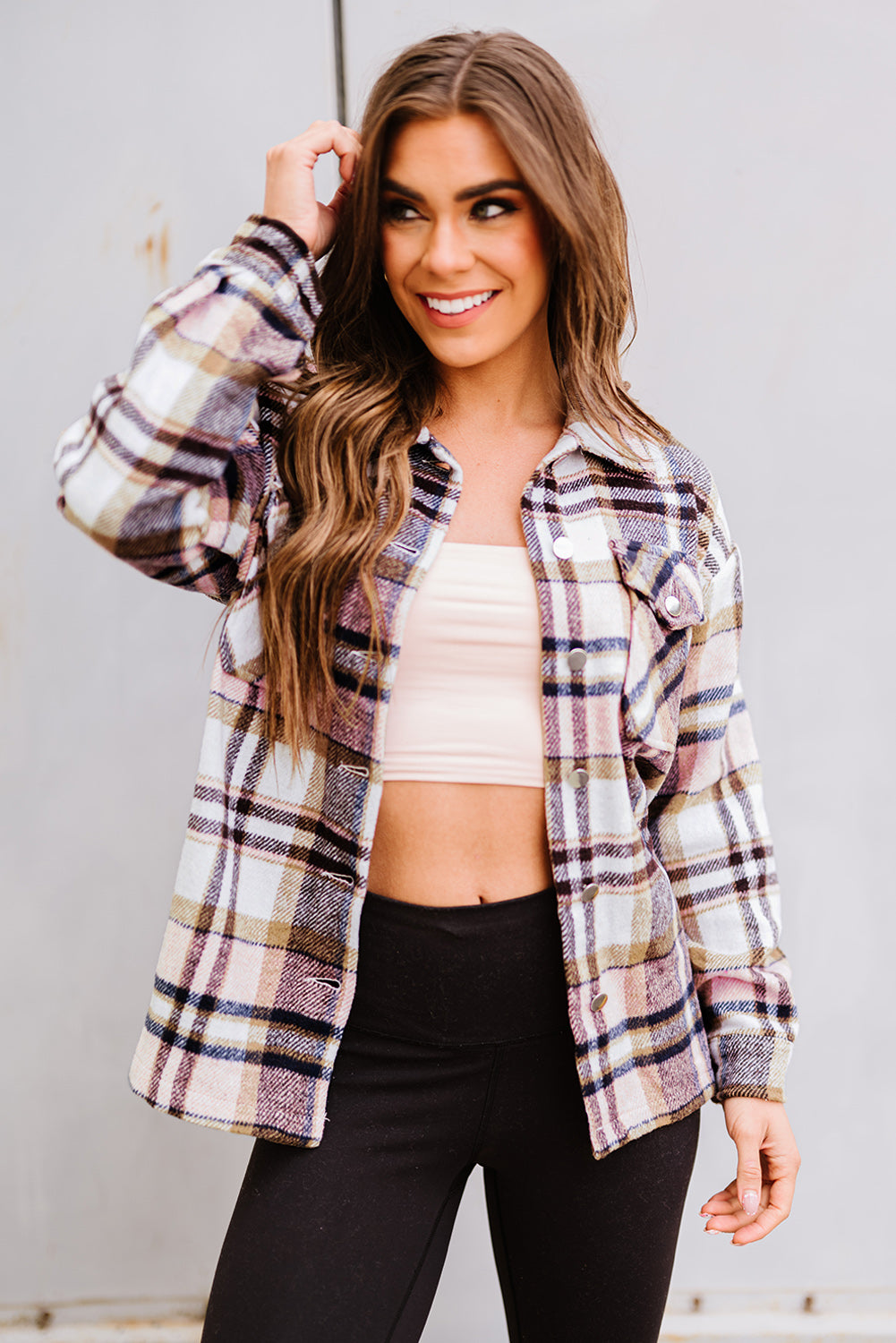 Pink Geometric Plaid Print Pocketed Shacket Plaid Shackets JT's Designer Fashion