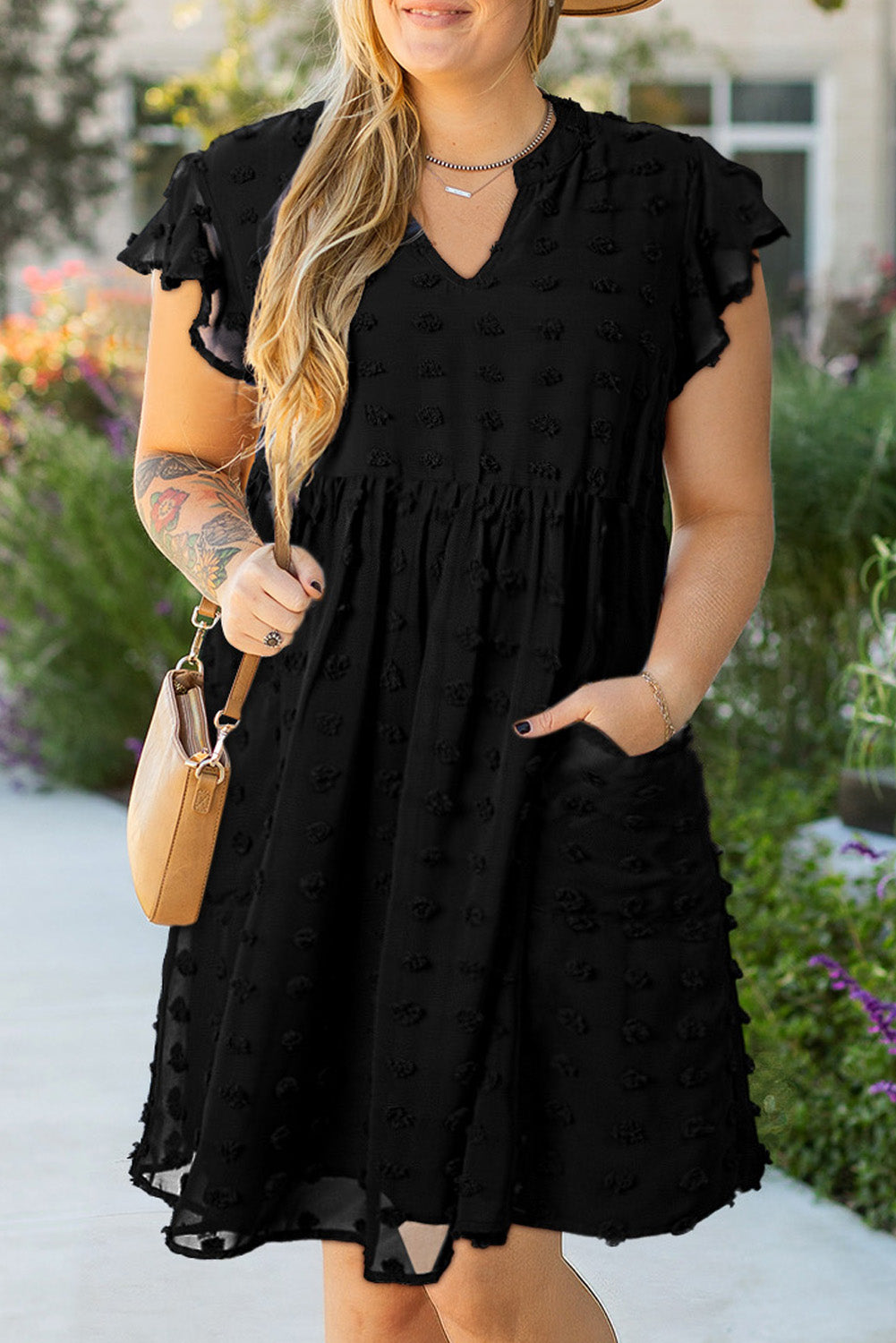 Black Dotty Textured Notched Neck Plus Ruffled Dress Black 100%Polyester Plus Size Mini Dresses JT's Designer Fashion