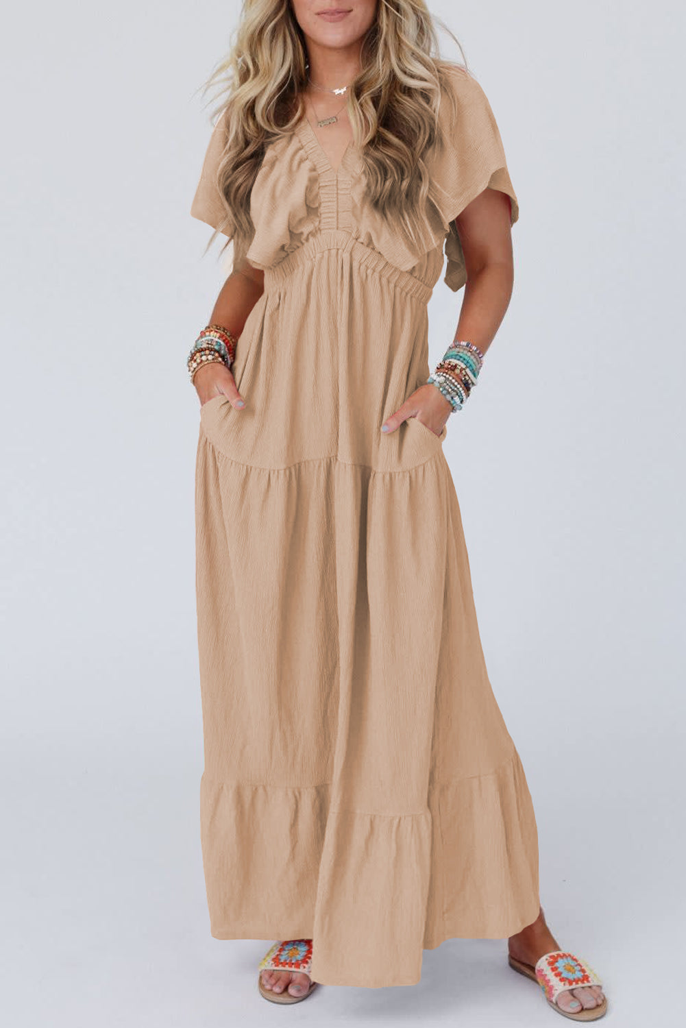 Parchment Textured V Neck Flutter Sleeve Ruffled Long Dress Parchment 65%Polyester+30%Viscose+5%Elastane Maxi Dresses JT's Designer Fashion