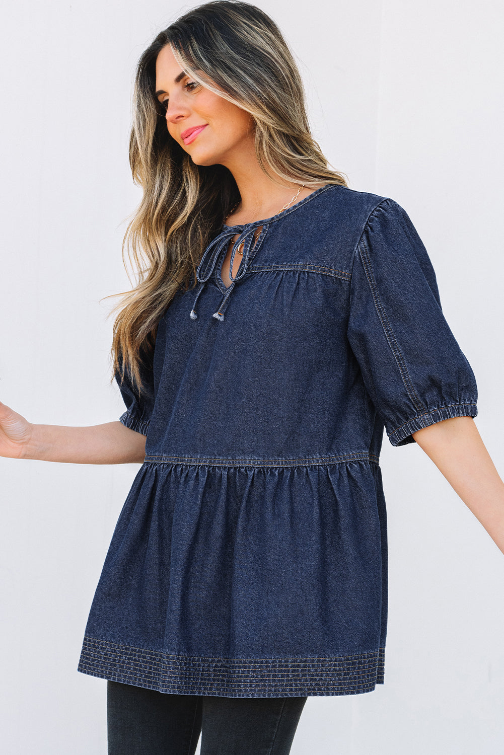 Sail Blue Puff Sleeve Lace-up Neckline Splicing Denim Blouse Blouses & Shirts JT's Designer Fashion