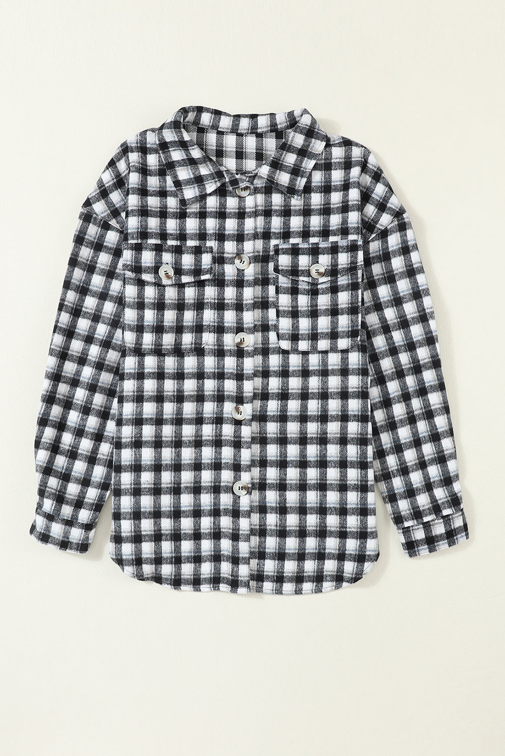 Black Plaid Print Chest Pockets Buttoned Tunic Shacket Plaid Shackets JT's Designer Fashion