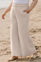 Beige Smocked High Waist Wide Leg Plus Size Pants Plus Size Bottoms JT's Designer Fashion