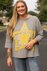 Medium Grey Floral Star Patched Pattern 3/4 Sleeve Plus Size Top Medium Grey 95%Cotton+5%Elastane Plus Size Tops & Tees JT's Designer Fashion