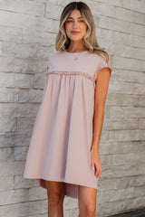 Oatmeal Frilled Trim Crew Neck Loose Fit Mini Dress Mini Dresses JT's Designer Fashion