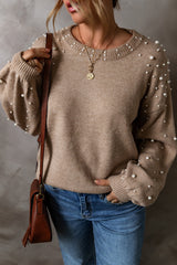 Smoke Gray Pearled Drop Shoulder Round Neck Sweater Sweaters JT's Designer Fashion