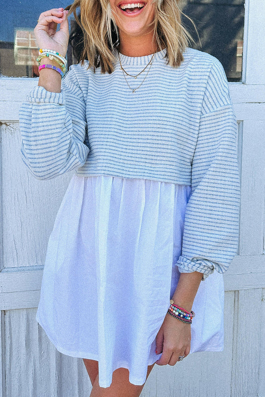 Sky Blue Stripe Patchwork Pleated High Waist Loose Mini Dress Mini Dresses JT's Designer Fashion