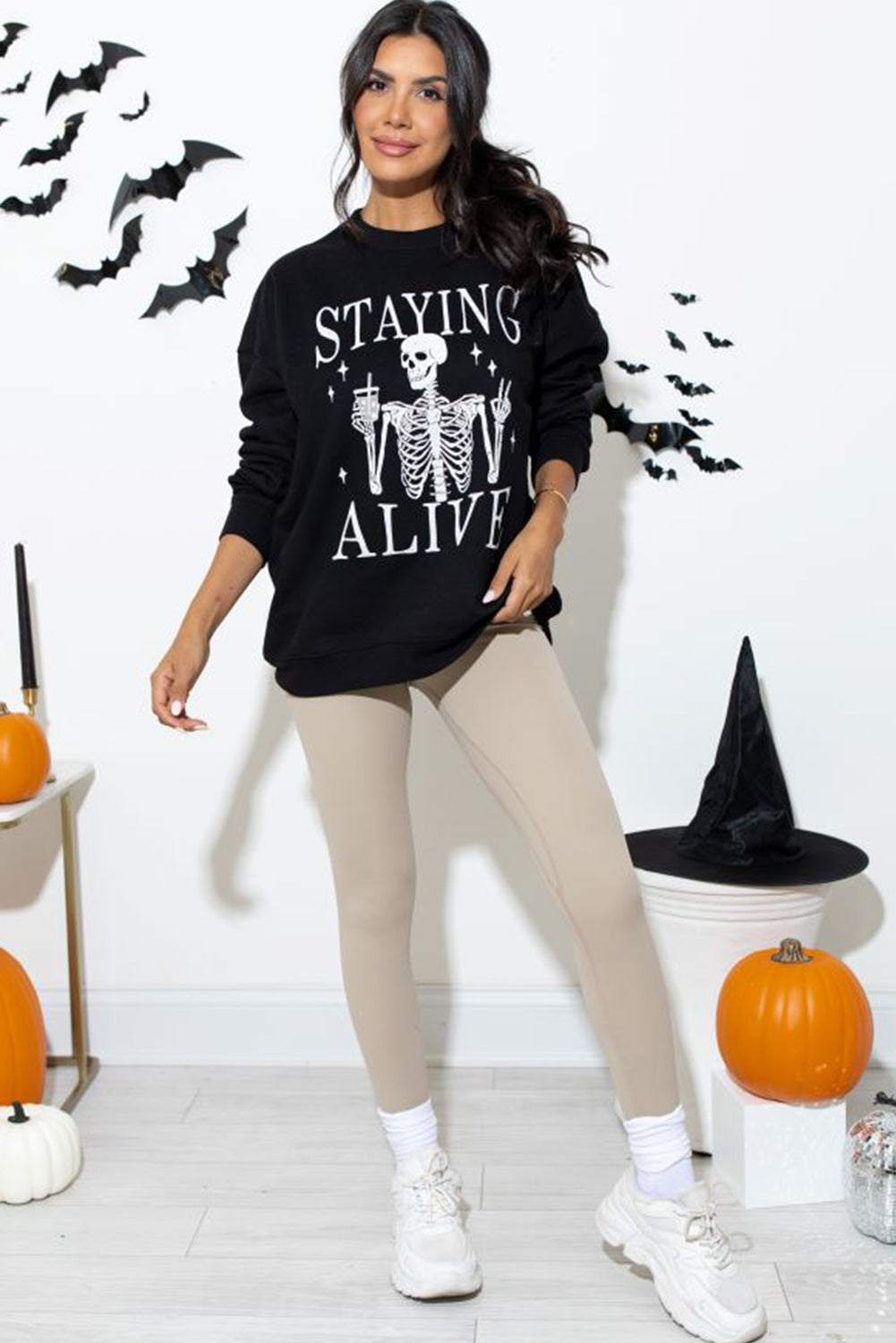 Black STAYING ALIVE Skull Graphic Crewneck Halloween Sweatshirt Graphic Sweatshirts JT's Designer Fashion
