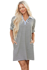 Black Stripe Contrast V Neck Collared Puff Sleeve T Shirt Mini Dress with Pockets T Shirt Dresses JT's Designer Fashion