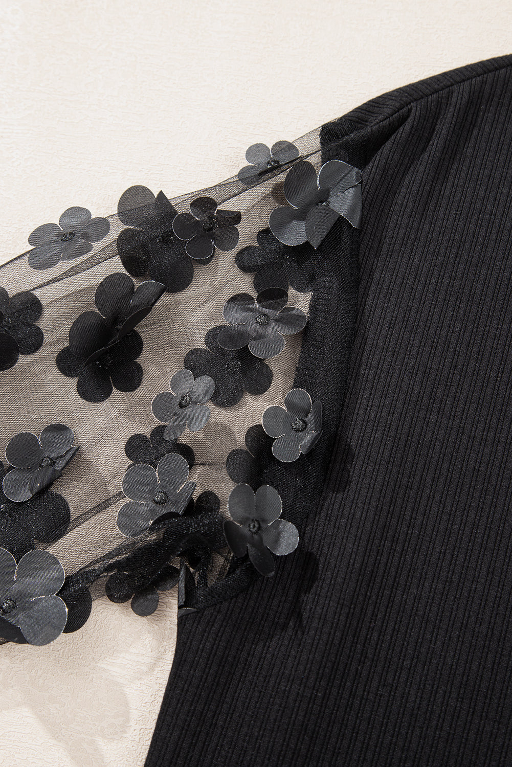 Black Flower Applique Mesh Long Sleeve V Neck Blouse Blouses & Shirts JT's Designer Fashion