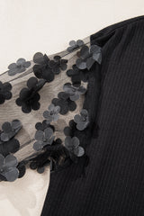 Black Flower Applique Mesh Long Sleeve V Neck Blouse Blouses & Shirts JT's Designer Fashion