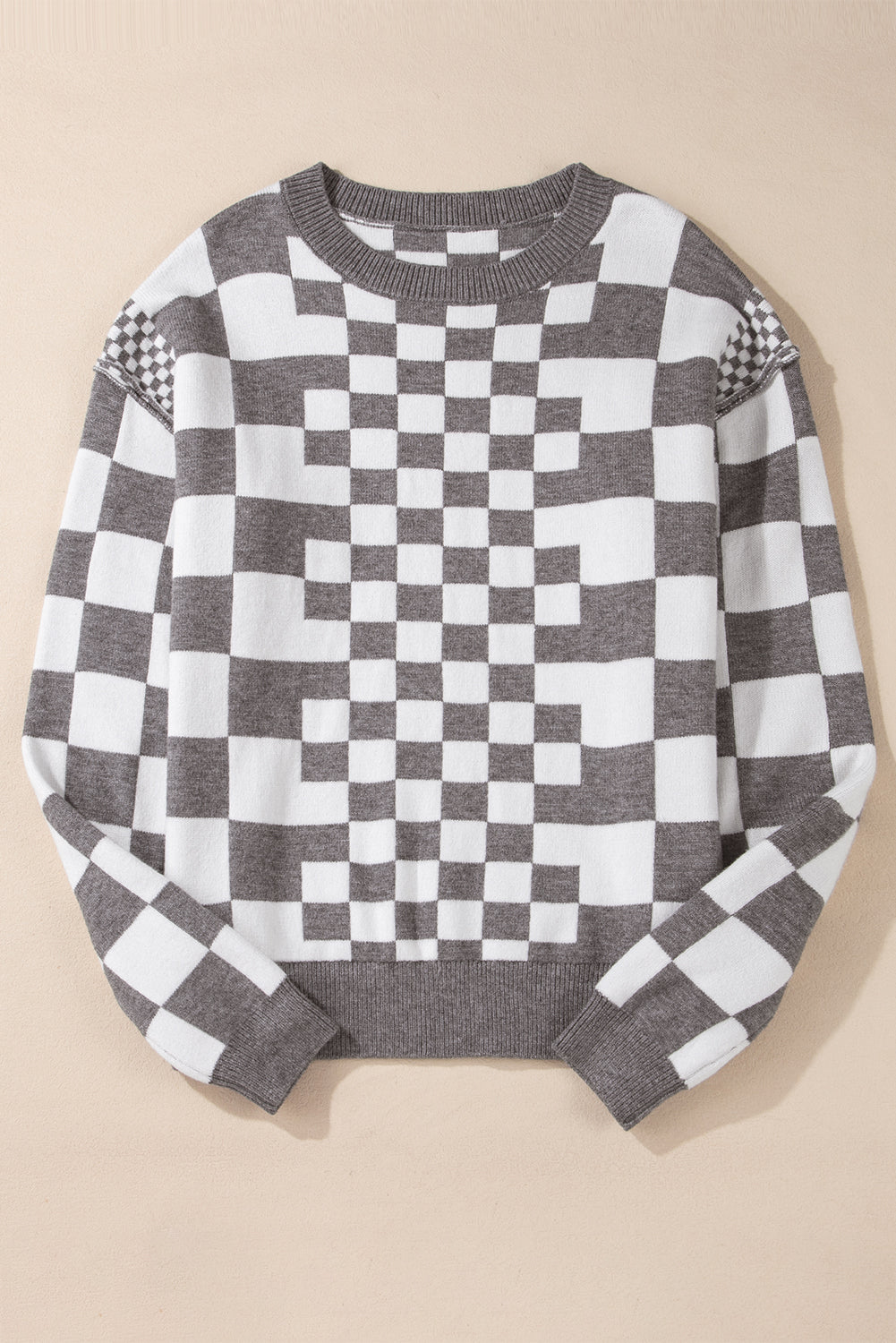 Gray Checkered Print Drop Shoulder Round Neck Sweater Sweaters JT's Designer Fashion