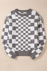 Gray Checkered Print Drop Shoulder Round Neck Sweater Sweaters JT's Designer Fashion