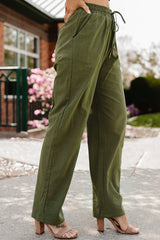 Green Drawstring Elastic Waist Pockets Long Straight Legs Pants Pants & Culotte JT's Designer Fashion