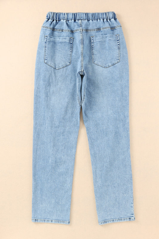Sky Blue Gather Round Distressed Pocketed Denim Jogger Jeans JT's Designer Fashion